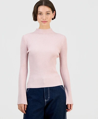 Hooked Up by Iot Junior's Mock-Neck Metallic Ribbed Long-Sleeve Sweater