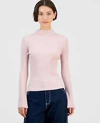 Hooked Up by Iot Junior's Mock-Neck Metallic Ribbed Long-Sleeve Sweater