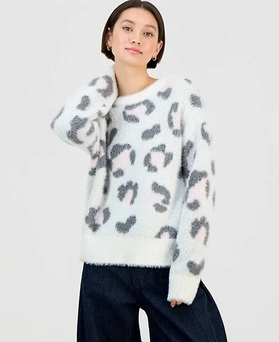 Hooked Up by Iot Juniors' Crewneck Animal-Graphic Eyelash Sweater