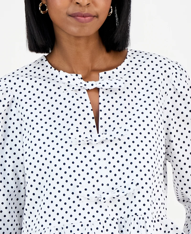 Nautica Jeans Women's Dot-Print Bow-Trim Cotton Peplum Blouse