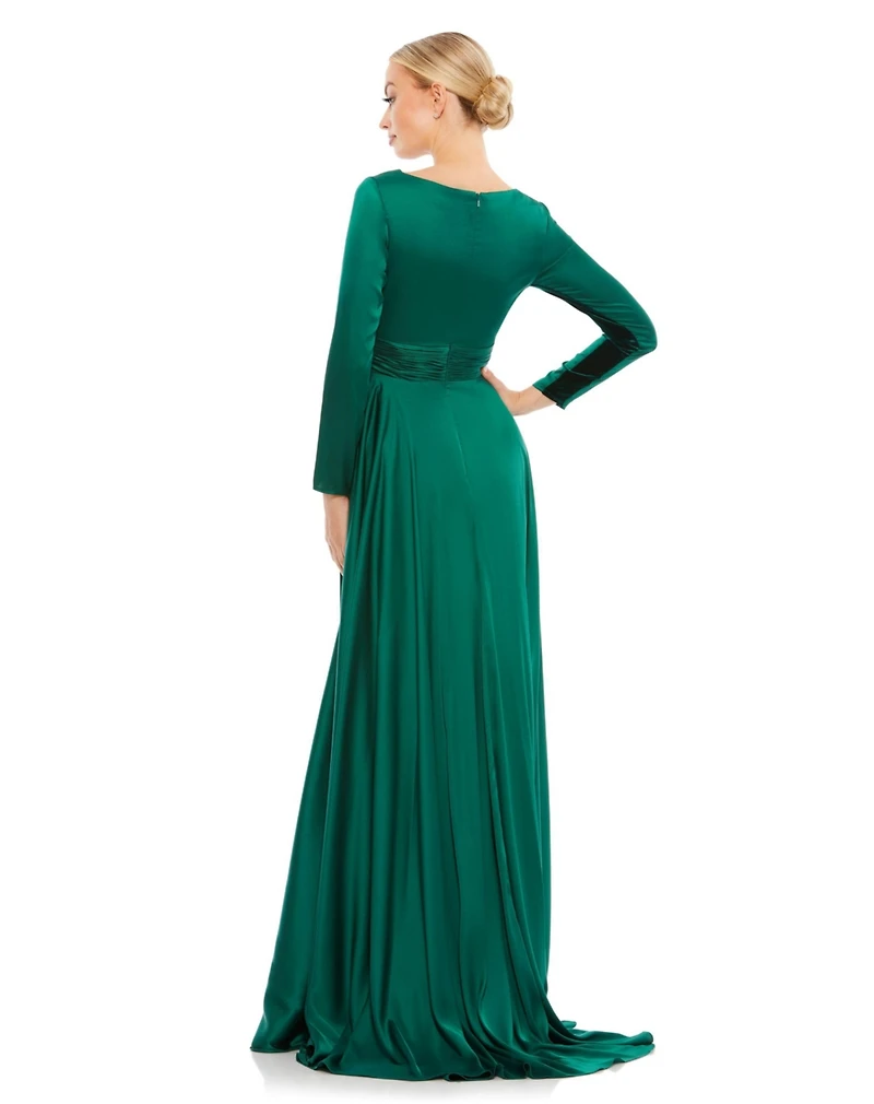 Mac Duggal Women's Ieena Long Sleeve Ruched Waist A-Line Gown