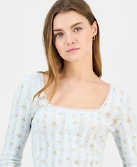 Madden Girl Juniors' Ditsy-Print Pointelle-Knit Top