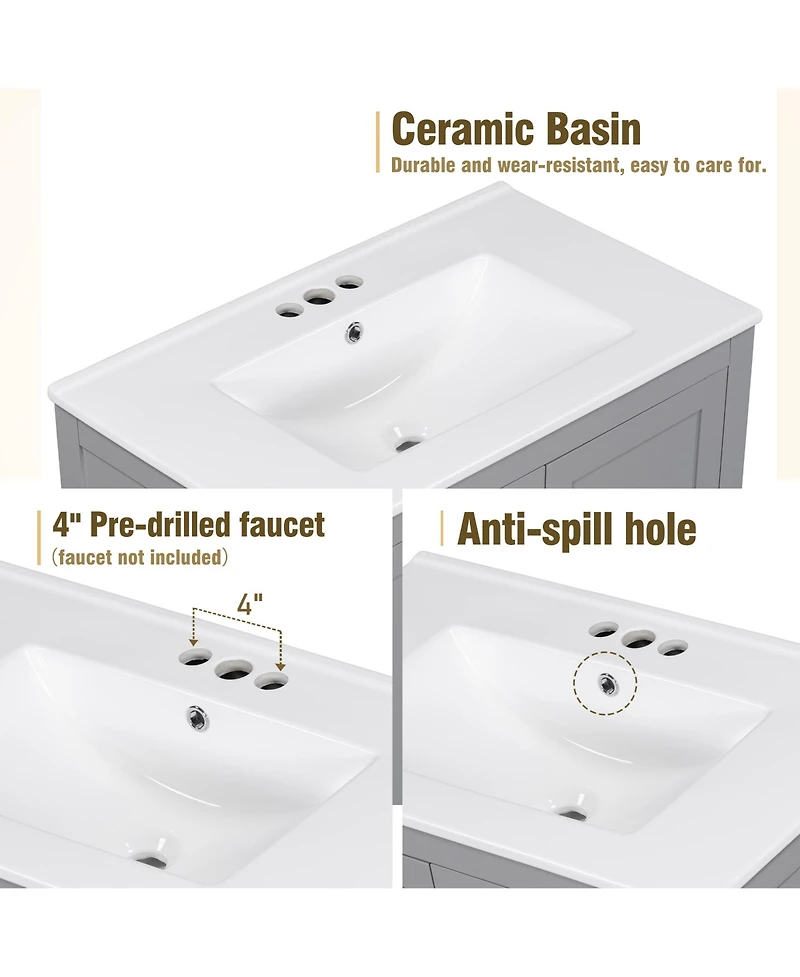Lovmor 30inch Gray Bathroom Vanity with Single Sink Combo Cabinet Undermount Sink Bathroom Storage Cabinet with 2 Doors