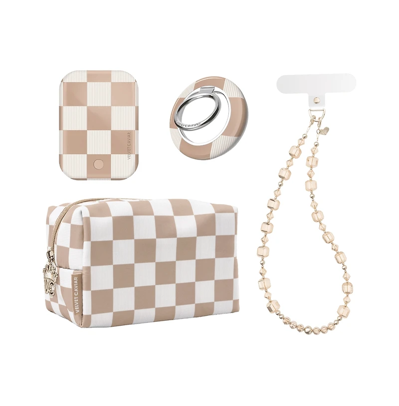 Velvet Caviar Phone Accessories Gift Set includes Charm, Battery Pack, Grip Ring and Travel Bag
