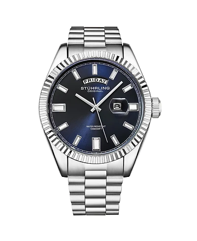 Stuhrling Statesman 4070 Men s Watch – Stainless Steel Bracelet, Blue Dial, Day-Date Quartz, 42mm Fluted Bezel