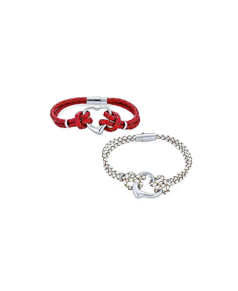 Bling Jewelry Set of 2 Red White Double Strand Braided Leather Bracelet Heart Charms Steel