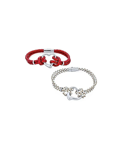 Bling Jewelry Set of 2 Red White Double Strand Braided Leather Bracelet Heart Charms Steel