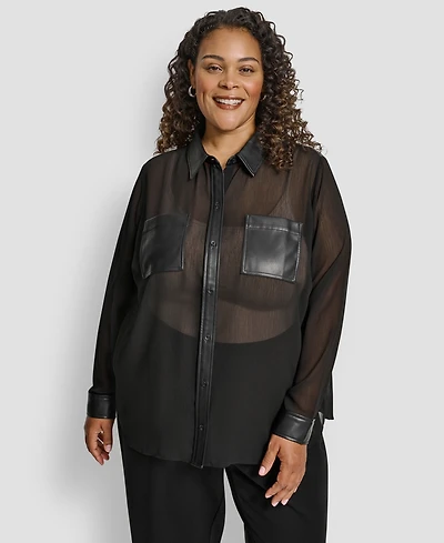 Dkny Plus Collared Neck Long Sleeve Top