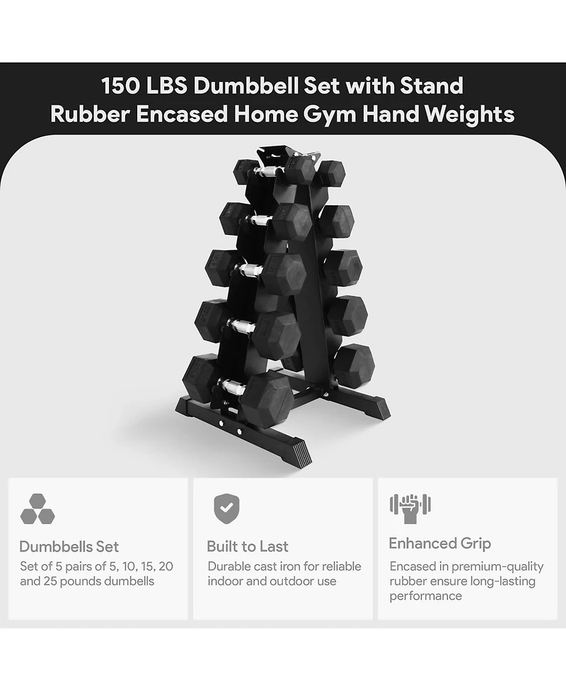 BalanceFrom Dumbbell Set with Stand, Rubber Encased Home Gym Hand Weights, 150lb