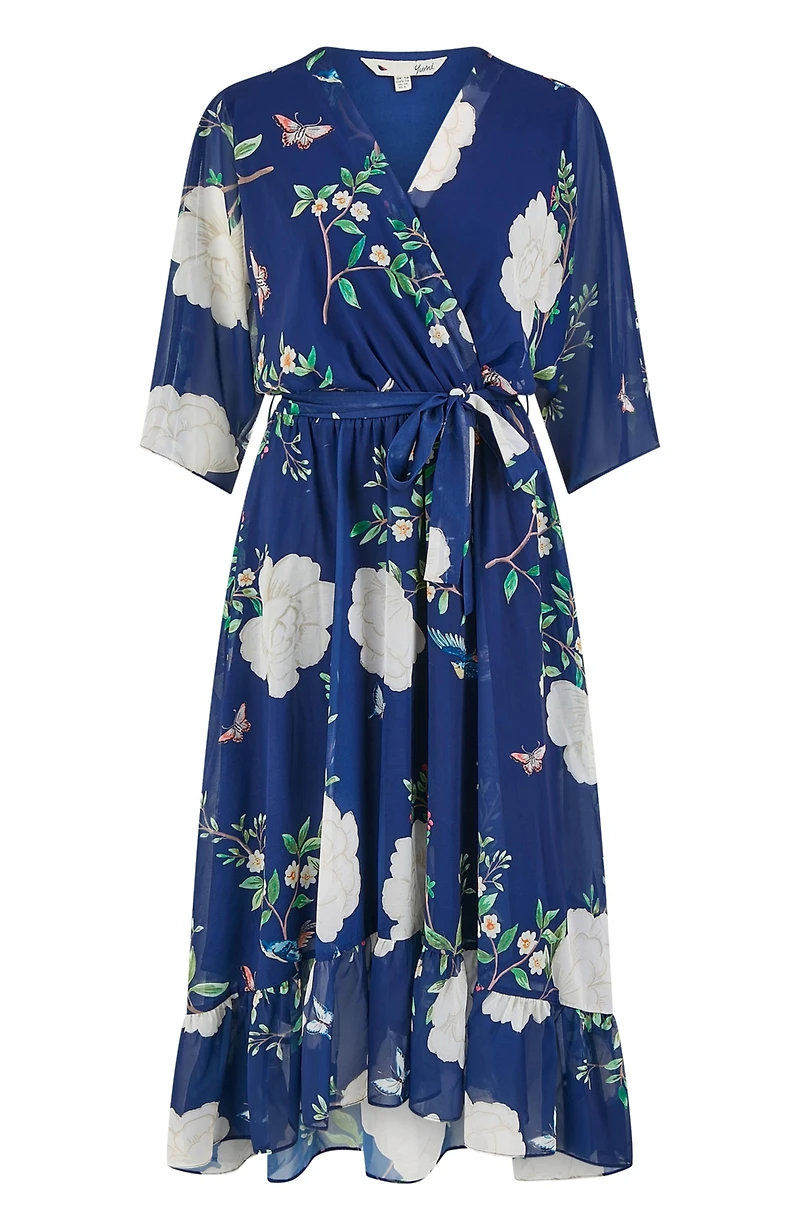 Yumi Women's Bird And Floral Print Midi Wrap Dress