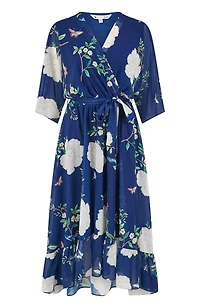 Yumi Women's Bird And Floral Print Midi Wrap Dress