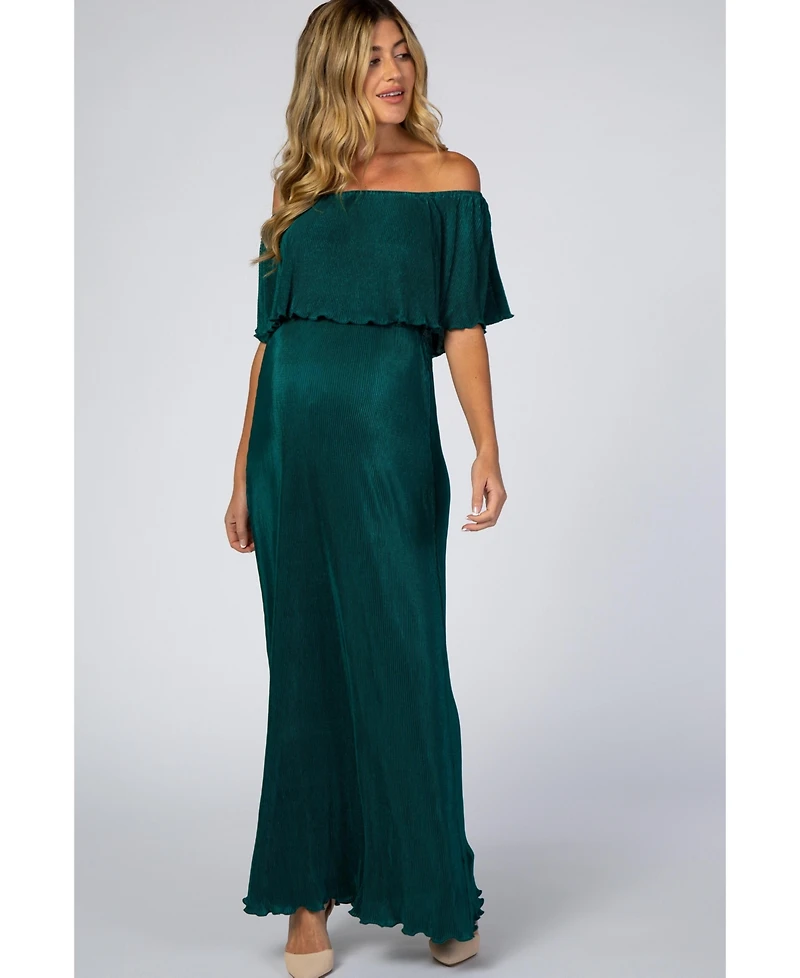 Pinkblush Maternity Forest Green Pleated Ruffle Off Shoulder Maxi Dress
