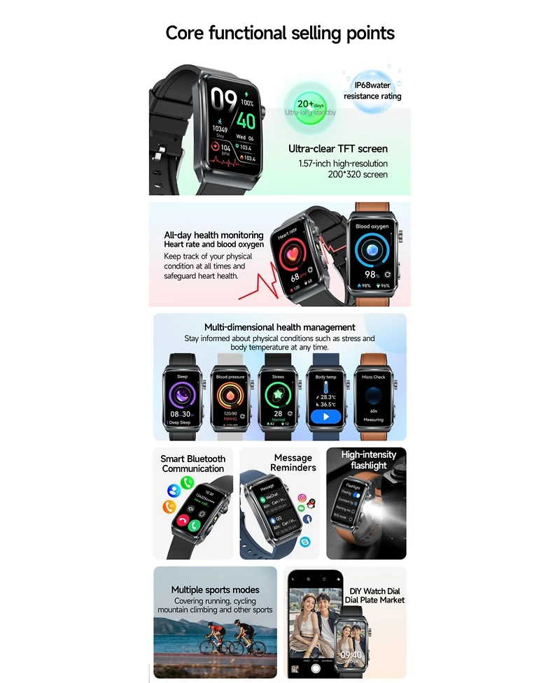 Ruxing Smart Advanced Outdoor Health Smart Bracelet with Flashlight and Continuous Monitoring -Pink