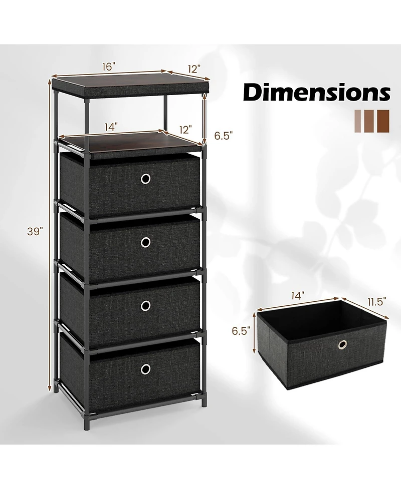 Dresser with 4 Drawers Fabric Storage Tower with Wood Top and Metal Frame