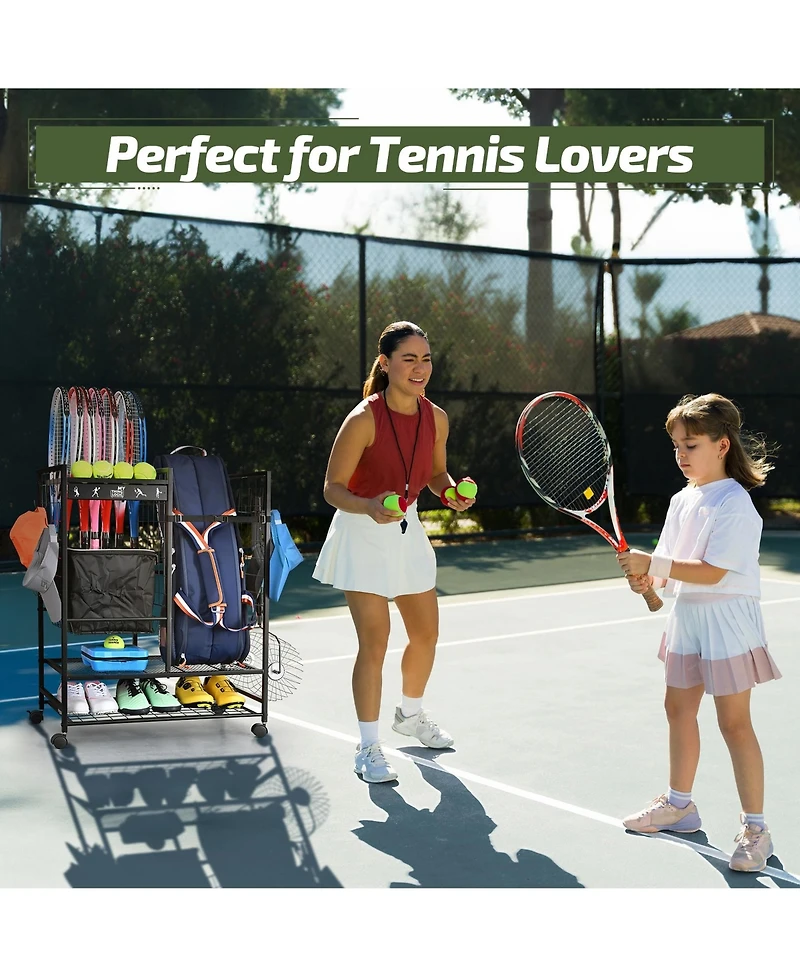 Mythinglogic Tennis Rack Organizer: All-in-One Storage for Bags, Balls, Rackets & Gear