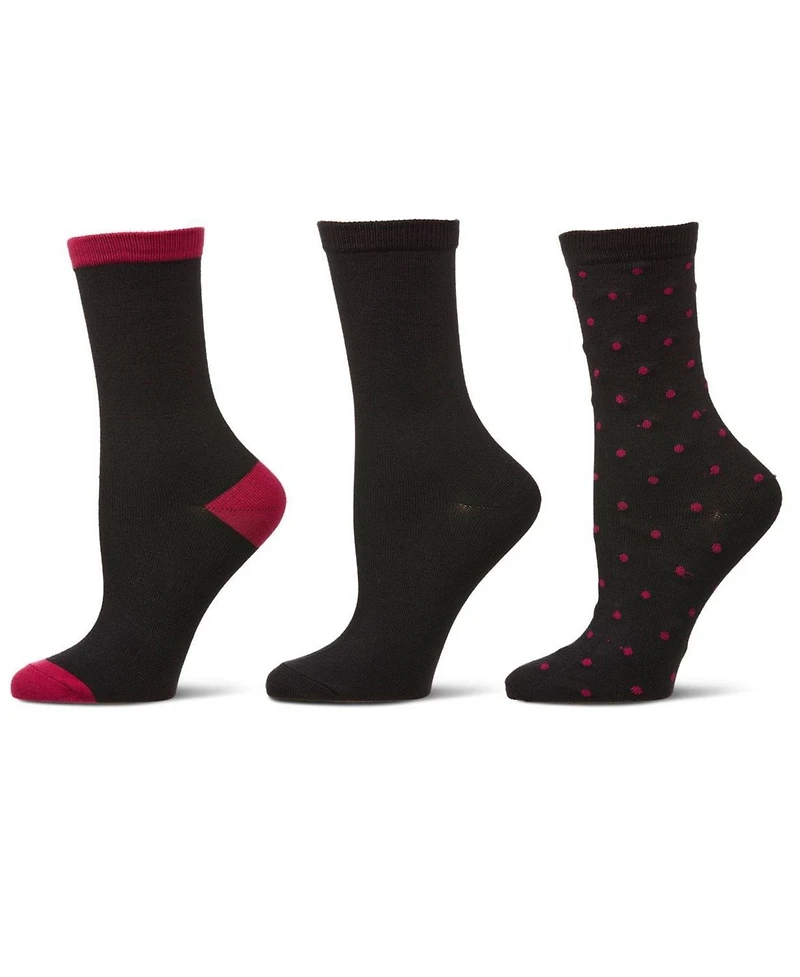 MeMoi 3 Pairs Women's ButterSoft Polytam Polka Dot and Solid Colors Crew Socks