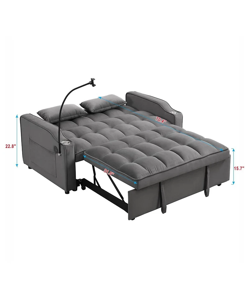 Tufted Convertible Loveseat Sleeper Sofa with Pull-Out Bed, Usb Charging & Cup Holders, Space-Saving 3-in-1 Design-Maison Boucle
