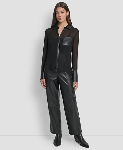 Dkny Jeans Women's Faux-Leather Trim Sheer-Mesh Shirt - BLK