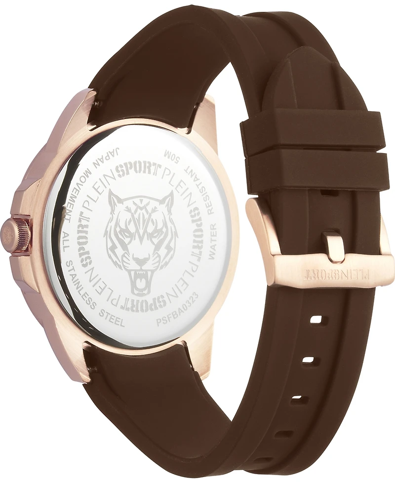 Plein Sport Mens Touchdown 3 Hand Date Quartz Brown Silicone Strap 44MM