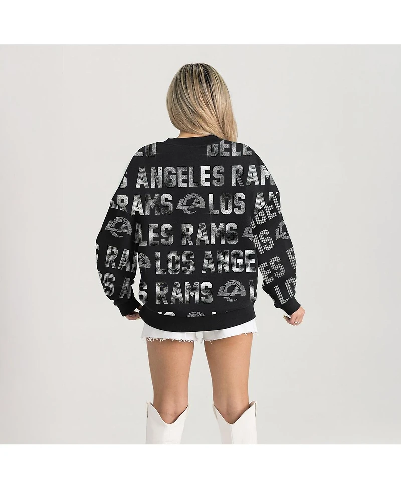 Gameday Couture Women's Black Los Angeles Rams Relaxed Drop Shoulder Hype Era Rhinestone Text Sweatshirt