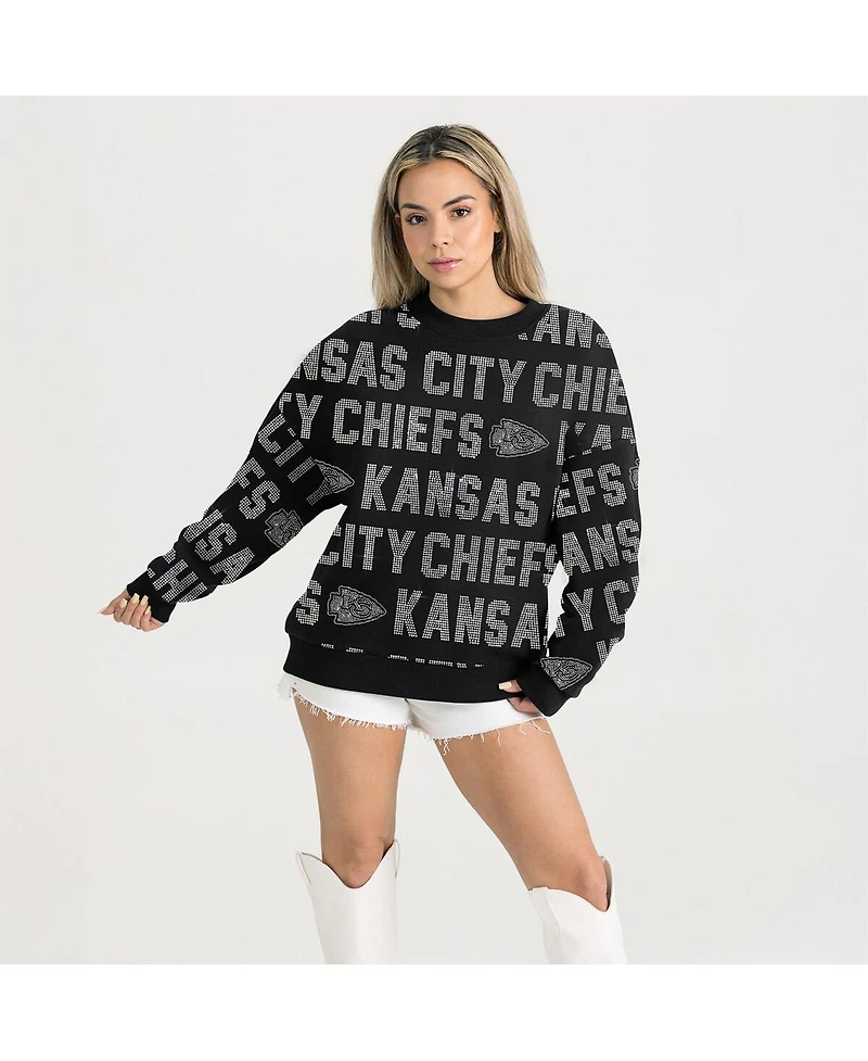 Gameday Couture Women's Black Kansas City Chiefs Relaxed Drop Shoulder Hype Era Rhinestone Text Sweatshirt