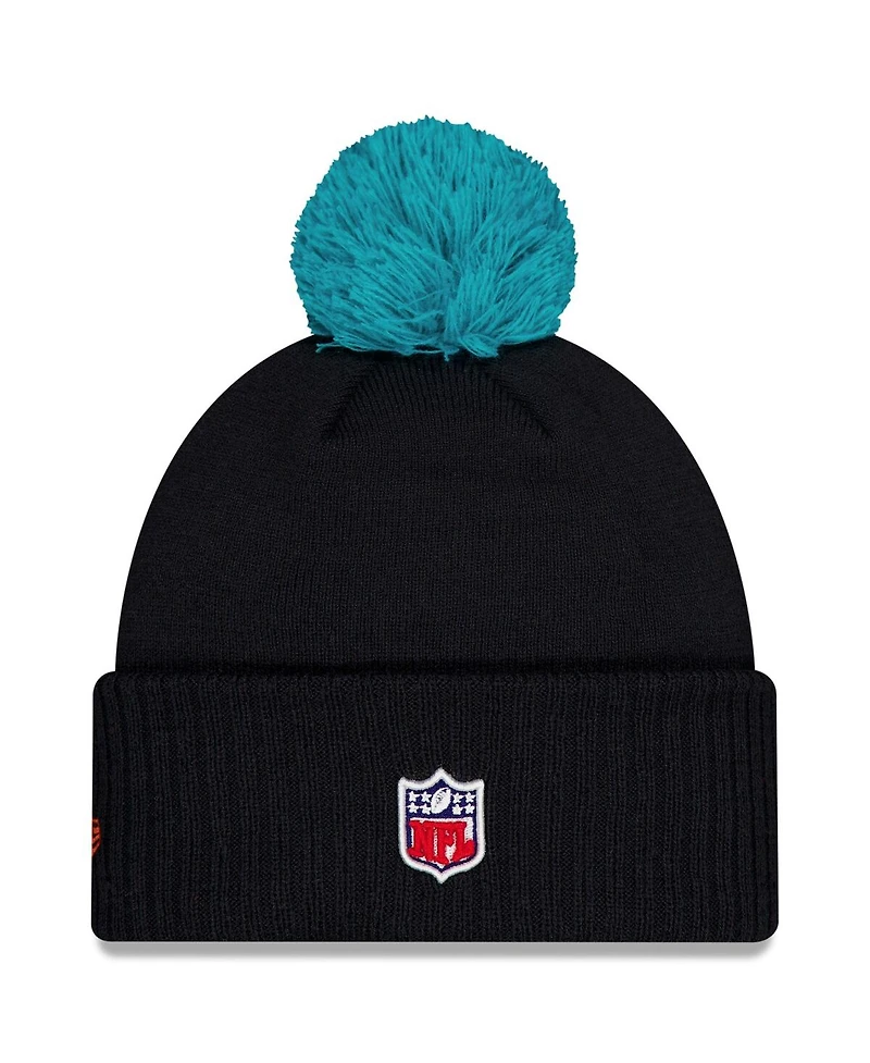 New Era Men's Pitch Blue Miami Dolphins 2025 Rivalries Collection Sideline Cuffed Pom with Knit Hat