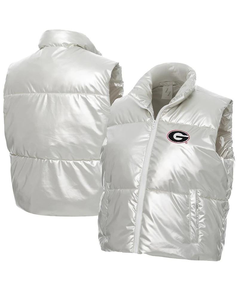 ZooZatz Women's Silver Georgia Bulldogs Metallic Cropped Full-Zip Sleeveless Puffer Vest