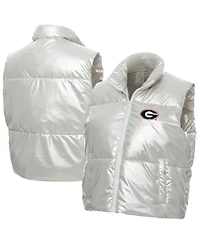 ZooZatz Women's Silver Georgia Bulldogs Metallic Cropped Full-Zip Sleeveless Puffer Vest