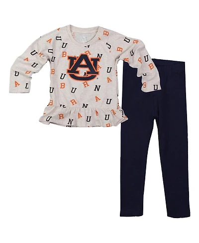 Wes & Willy Girls Toddler 2-Piece Oatmeal Auburn Tigers Ruffle Raglan Long Sleeve T-Shirt and Leggings Set