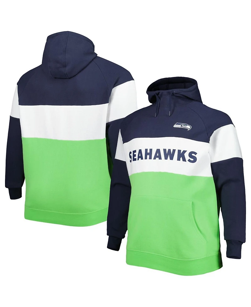New Era Men's Neon Green/College Navy Seattle Seahawks Big Tall Current Colorblock Raglan Fleece Pullover Hoodie