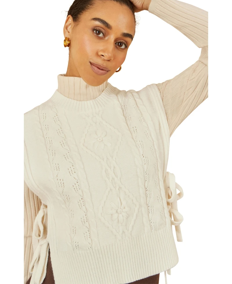 Yumi Women's Floral Cable Knit Side Tie Pullover
