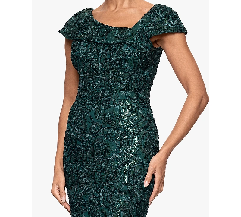 Xscape Petite Long Lace Asymmetrical Neck Dress