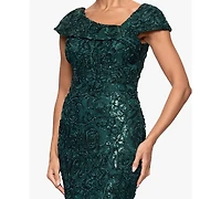 Xscape Petite Long Lace Asymmetrical Neck Dress
