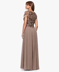Xscape Petite Long Bead Mesh Crew Neck Dress