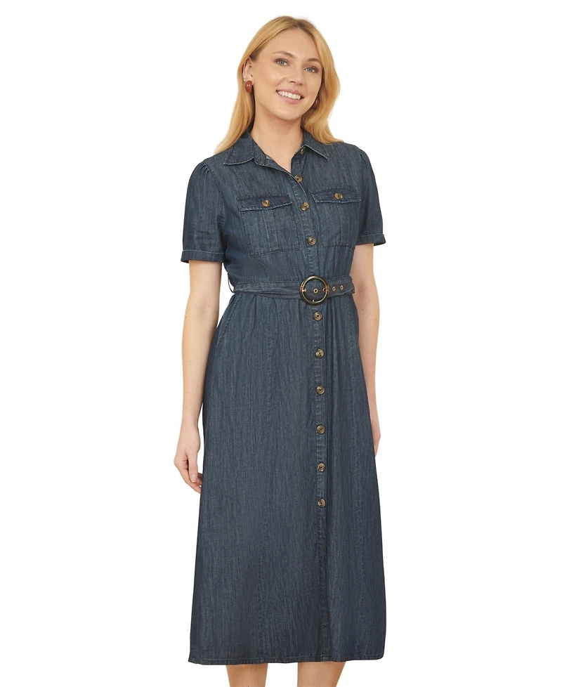Yumi Women's Chambray Denim Utility Midi Shirt Dress