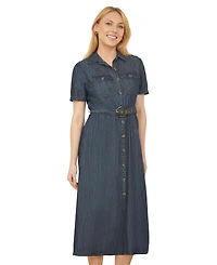 Yumi Women's Chambray Denim Utility Midi Shirt Dress