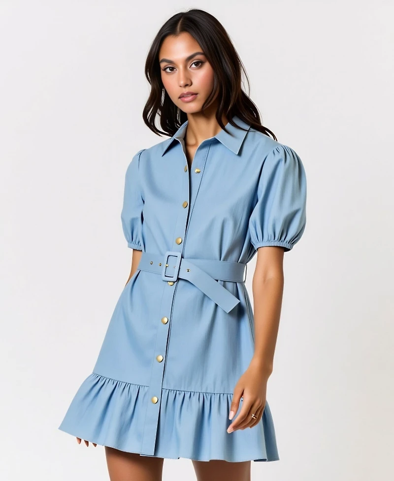 Modenaire Women's 100% Cotton Belted Puff-Sleeve Mini Dress