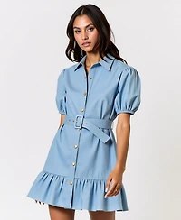 Modenaire Women's 100% Cotton Belted Puff-Sleeve Mini Dress