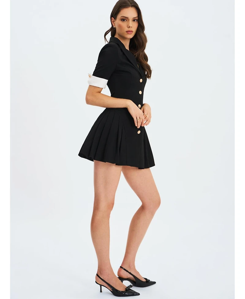 Miss Circle Women's Ilitha Black Woven Crepe Pleated A-Line Mini Dress