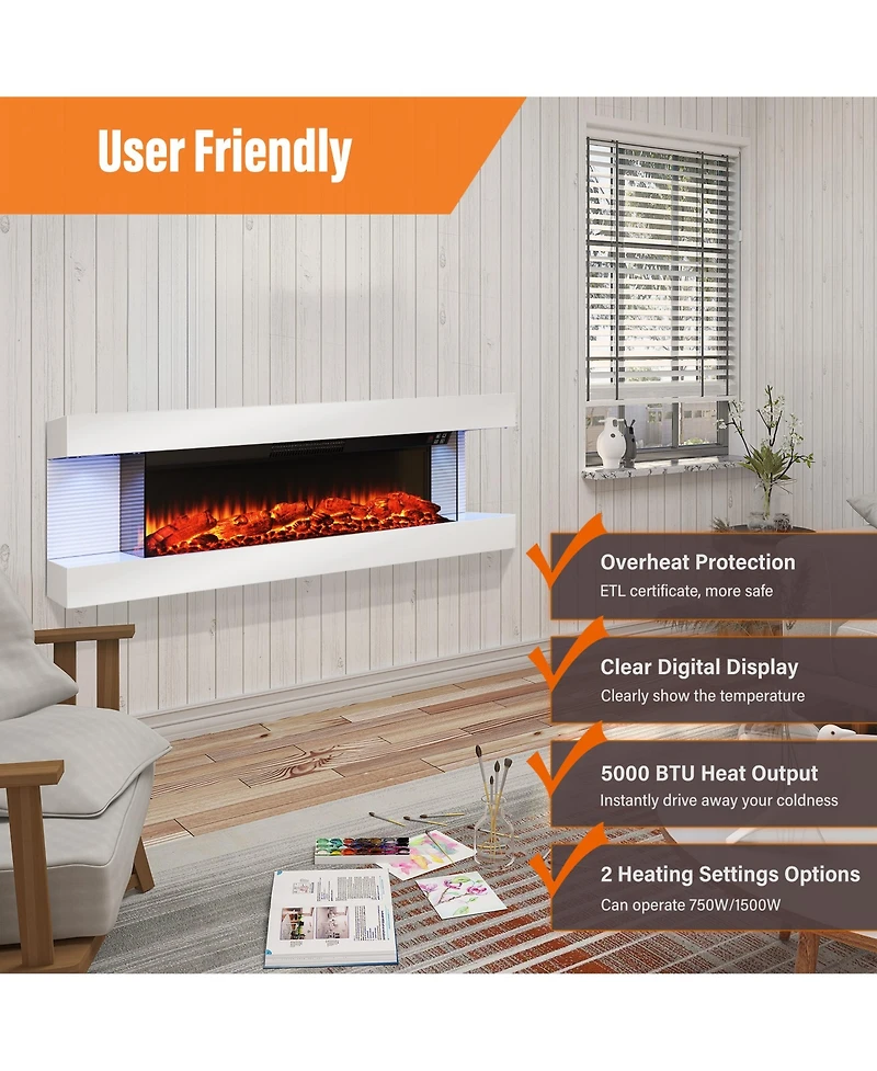 Clihome Sided Wall Mounted Led Electric Fireplace With Floating Mantel,Remote Control Adjustable Heat