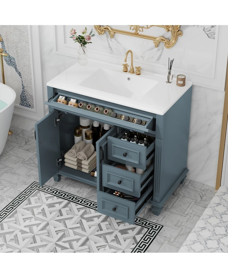 Casainc 36" Bathroom Vanity with Sink, Cabinet Flip-Out Drawer, 3 Drawers, 2 Soft-Close Doors, Solid Wood and Mdf, Premium Hardware
