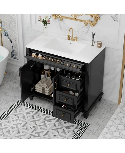 Casainc 36" Bathroom Vanity with Sink, Cabinet Flip-Out Drawer, 3 Drawers, 2 Soft-Close Doors, Solid Wood and Mdf, Premium Hardware