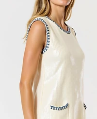 Modenaire Women's Sequin Knit Sleeveless Mini Dress with Contrast Trim and Pockets