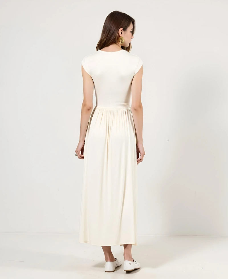 Modenaire Women's Sleeveless Faux Wrap Shirred Waist Maxi Dress