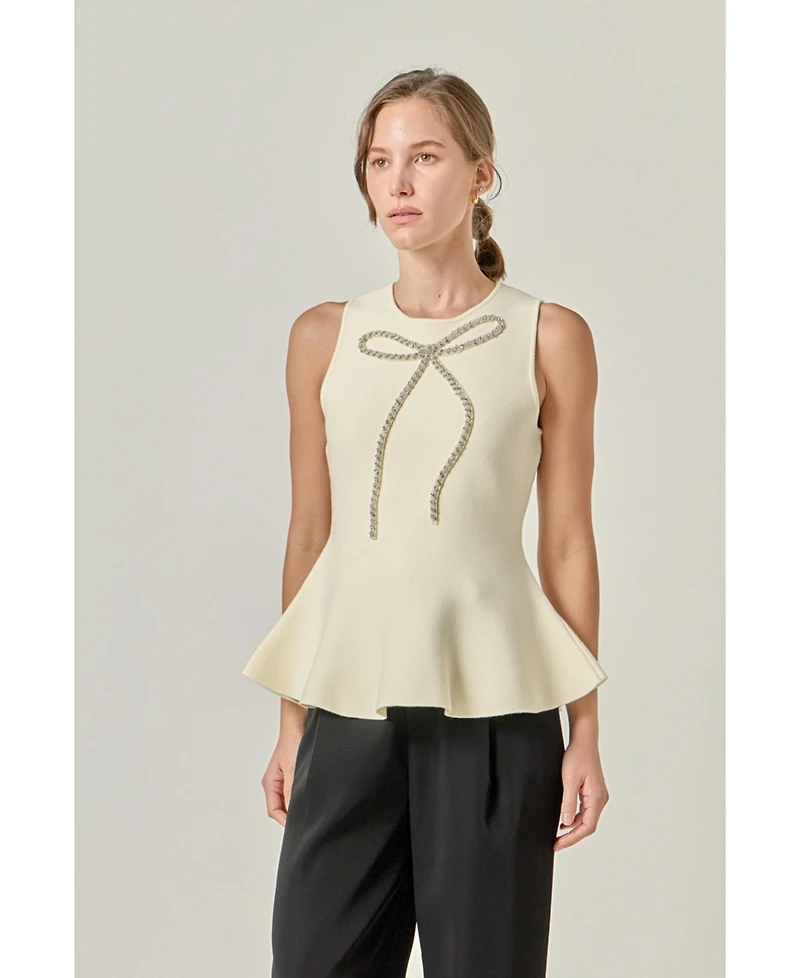 English Factory Women's Peplum Bow Embelisshed Top