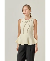 English Factory Women's Peplum Bow Embelisshed Top