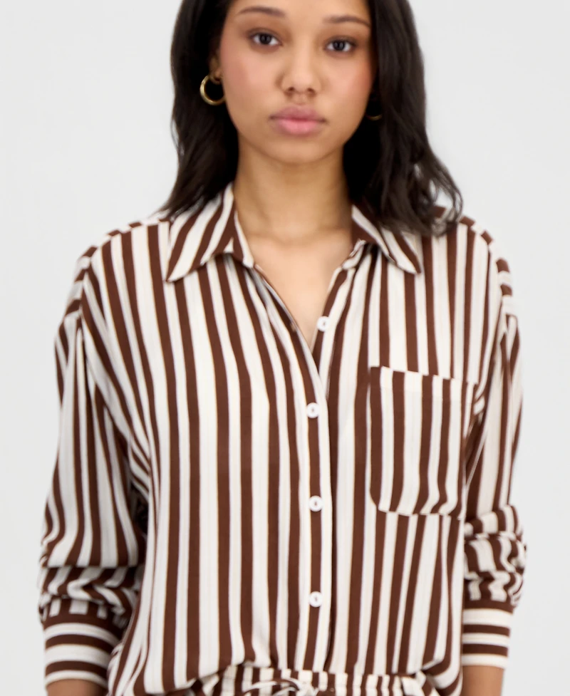 Miken Juniors' Button-Down Striped Crinkle Gauze Cover-Up Shirt, Macy's Exclusive