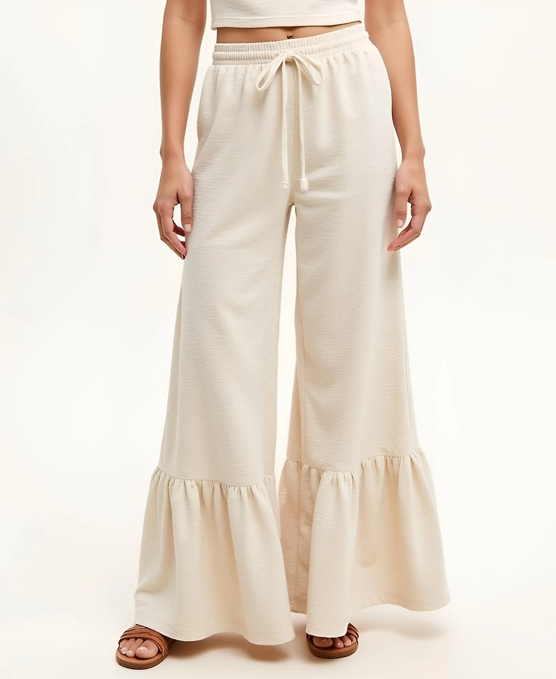 Modenaire Women's Sleeveless Textured Mock-Neck Crop Top & Tiered Wide-Leg Drawstring Pants 2-Pc. Set