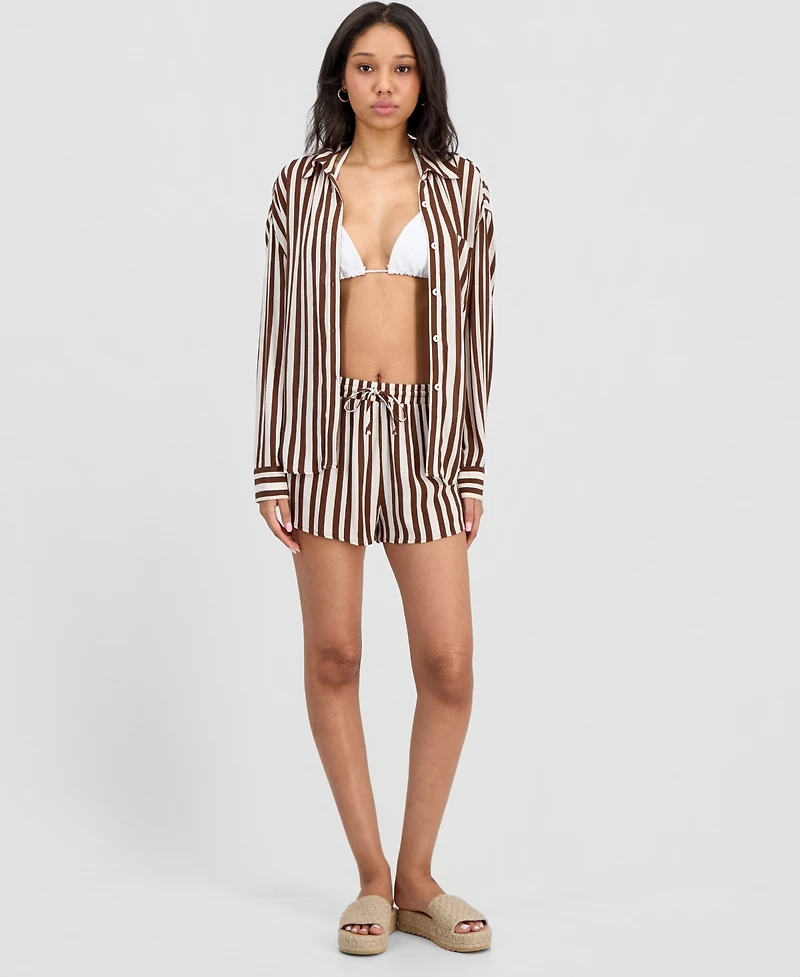 Miken Juniors' Striped Crinkle Gauze Cover-Up Dolphin Shorts, Macy's Exclusive