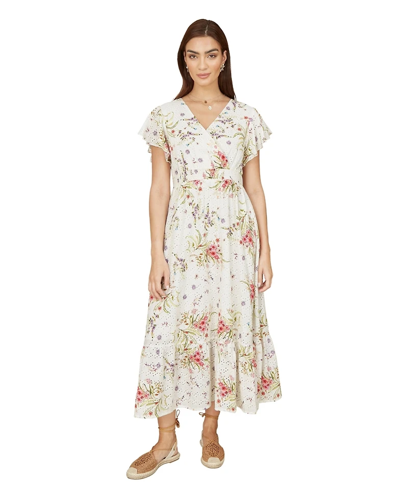 Yumi Women's Floral Broderie Anglaise Wrap Midi Dress